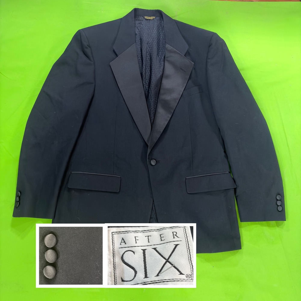 VTG 80s After Six Tuxedo Jacket Mens 40R Black Satin Peak Lapel USA Union Made